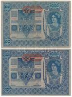 Ausztria 1902. 1000K (2x) 2. kiadás, hátlaprajzos, vízszintes &quot;DEUTSCHÖSTERREICH&quot; felülbélyegzéssel T:F,VG ragasztás, beszakadások Austria 1902. 1000 Kronen (2x) second issue, with horizontal &quot;DEUTSCHÖSTERREICH&quot; overprint C:F,VG sticked, tears Krause P#61