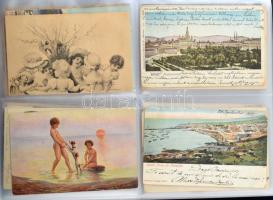 76 db régi képeslap 19 lapos gyűrűs albumban, főleg külföldi és magyar város képeslapok, motívumlapo...