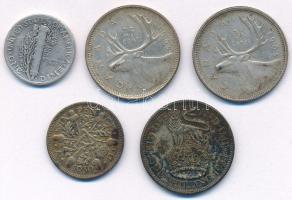 5db-os vegyes Ag érmetétel, közte Amerikai Egyesült Államok 1936. 1d (10c) Ag "Mercury" + ...