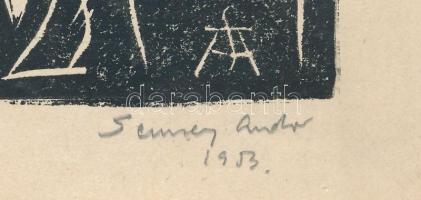 Semsey Andor (1917-1986): Portré (Önarckép?). Linómetszet, papír, jelzett. Hajtásnyomokkal. 14x10 cm