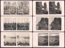 cca 1920 Vegyes sztereófotó tétel a világ természeti csodáiról, városképekkel, némelyiken sérüléssel...