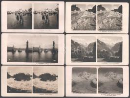 cca 1920 Vegyes sztereófotó tétel a világ természeti csodáiról, városképekkel, némelyiken sérüléssel...