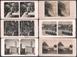 cca 1920 Vegyes sztereófotó tétel a világ természeti csodáiról, városképekkel, némelyiken sérüléssel...