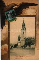 1902 Nagyvárad, Oradea; Szent László szobor és templom. Ifj. Berger Sámuel kiadása. Szecessziós címeres litho keret / monument, church. Art Nouveau, litho frame with coat of arms (EK)