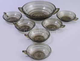 Art deco kompótos tál 6 pohárral. formába préselt, hibátlan d: 12 cm, 24 cm