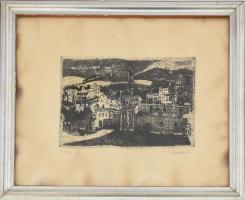 Duray Tibor (1912-1988): Fiesole éjjel. Rézkarc, papír, jelzett, lap széle foltos, üvegezett fakeretben, 11×15,5 cm