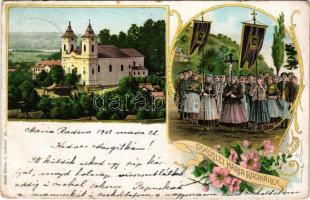 1902 Máriaradna, Mária-Radna, Radna (Lippa, Lipova); Kegytemplom, körmenet. Fischer G. kiadása / pilgrimage church, procession. Art Nouveau, floral, litho (EB)