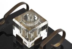 Modernista íróasztali készlet: tinta- és tolltartó 14x14 cm, tapper. Üveg, fém. hozzá egy üveg tinta