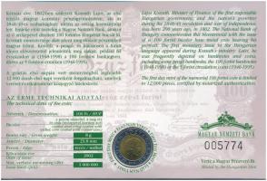 2002. 100Ft Ni-Cu-Zn "Kossuth" elsőnapi veret sorszámozott "005774" díszlapon T:...