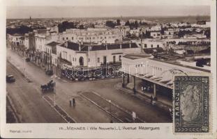 Meknes Mézergues avenue with market hall, Brasserie du Marché and pharmacy
