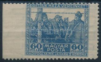 1920 Hadifogoly 60f kék színű próbanyomat, bal oldalon fogazatlan / Mi 313 proof in blue colour