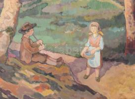 Jelzés nélkül: Lány és furulyázó legény. Olaj, vászon. Dekoratív, sérült fakeretben. 40,5x51 cm
