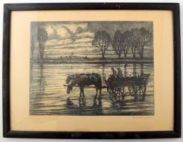 Conrad Gyula (1877-1959): Itatás. Rézkarc, papír, jelzett, üvegezett fakeretben, 25×32,5 cm