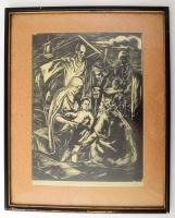 Jánosa Lajos (1902-1983): Háromkirályok. Linómetszet, papír. Jelzett. Üvegezett fakeretben, 38×31 cm