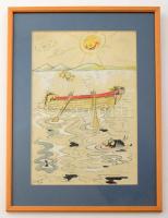Enyvvári Herbert (működött 1930-50 körül): Balatoni kaland (karikatúra), 1949. Akvarell, tus, papír,...