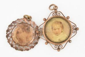 2db antik réz nyaklánc medál, függő, fotó portrékkal, egyik kétoldalas színezett kisgyerek arcképekk...
