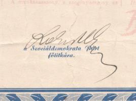 Szakasits Árpád (1888-1965) aláírása a Szociáldemokrata Párt által kiállított oklevélen