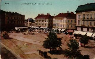 1911 Arad, Színház, Fehér Kereszt szálloda, üzletek, autóbusz, lovaskocsi, városi vasút, vonat / theatre, hotel, shops, autobus, horse-drawn carriage, urban railway, train