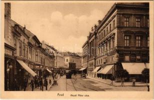 Arad, Aczél Péter utca, városi vasút, vonat, Hoffmann Sándor üzlete / street view, urban railway, train, shops