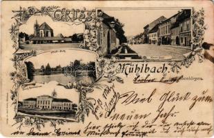 1900 Szászsebes, Mühlbach, Sebes; Evang. Kirche, Stadt-Park, Evang. Gymnasium, Herren-Gasse / Evangélikus templom, Úri utca, Heinrich F. Conrad üzlete, Városi park, Evangélikus gimnázium. Josef Hientz kiadása, szecessziós-virágos keret / Lutheran church, street view, shops, park, Lutheran grammar school. Art Nouveau, floral (r)