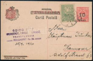 1920 Felülnyomott díjjegyes levelezőlap román díjkiegészítéssel Brassóból Hannoverbe / PS-card with Romanian additional franking from Brasov to Hannover. Signed: Bodor