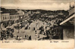 1910 Szászrégen, Sächsisch-Regen, Reghin; Hetivásár, piac, K. & A. Mischinger, Eduard Rösler üzlete. Heiter felvétele, G. Rösler kiadása / market, shops (fl)