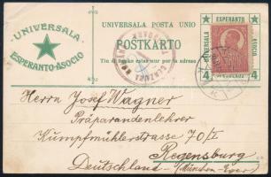 1920 UPU eszperantó levelezőlap Temesvárról Regensburgba, román temesvári cenzúrával, magyar túlélő bélyegzéssel / UPU Esperanto postcard with Timisoara censorship mark and Hungarian surviving postmark