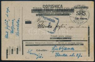 1919 SHS felülnyomású levelezőlap szerb katonai cenzúrával Ljubljanába / SHS overprinted postcard with Serbian military censorship to Ljubljana. Signed: Bodor