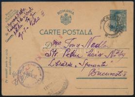 1942 5L díjjegyes levelezőlap a TG-JIU-i politikai internáltak táborából, tábori és katonai cenzúrával / 5L PS-card from the TG-JIU political internees camp, with camp and military censorship