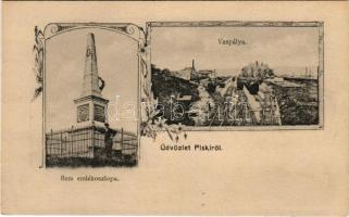 Piski, Simeria; Bem emlékoszlopa, vaspálya, vasútállomás, gőzmozdony, vonatok. Gyulai József kiadása, szecessziós-virágos keret / monument, railway station, locomotive, train. Art Nouveau, floral