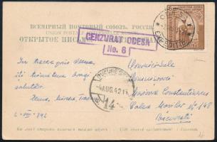 Transznisztria 1942 Odessa képeslap katonai cenzúrával és nagyon ritka "ODESA / EXPEDITIE" bélyegzéssel (H. Scherrer katalógusban RRR) / Transnistria 1942 Odessa postcard with "CENZURAT ODESA No.6." military censorship and very rare "ODESA / EXPEDITIE" postmark (H. Scherrer catalogue: RRR)