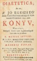 Mátyus István: Diaetetica, az az a jó egeszség meg-tartásának modját, fundamentumoson elö-ado könyv, mellyet, betegek körül való foglalatosságtól üres óráin írt és készített - -. Második darab. Kolozsvár, 1766, Páldi István, 28 sztl. lev.+495 p. Korabeli bordázott egészbőr-kötés, festett lapélekkel, kopott borítóval, a gerincen hiányos címkével, foltos lapokkal, későbbi (1800-as) possessori bejegyzéssel, és Poszler György (1931-2015) irodalomtörténész, esztéta ex libris bélyegzésével.   Kibédi Mátyus István (1725-1802) humanista orvos, Küküllő- és Marosszék főorvosa volt negyvenhárom évig. Az első magyar nyelvű egészségvédelmi és táplálkozástudományi munka szerzője. A mű egyik legfontosabb darabja a hazai orvostörténeti és a gasztronómiai irodalomnak egyaránt. Az első rész 1762-ben, a második rész 1766-ban jelent, aminek a sikere arra ösztönözte, hogy megírja Ó és Új Diaetetica című művét amely 1787-1793 között jelent meg.