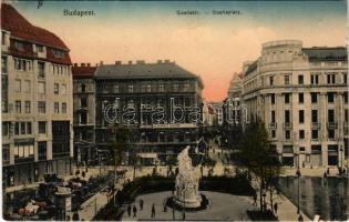 1915 Budapest V. Gizella tér, Vörösmarty szobor, Heckenast Gusztáv zongoraterme, üzletek, automobil (kis szakadás / small tear)