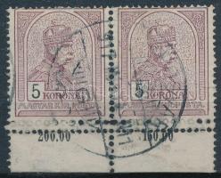 1909 Turul 5K pár alul kettős fogazással, ebből az egyik 11 1/2 pótfogazás / Mi 107 Y pair with double perforation, 1 perforation is additional 11 1/2 perf. Certificate: Glatz