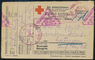 ~1917 Vöröskeresztes hadifogoly levelezőlap klf cenzúrabélyegzésekkel, Sipote romániai hadifogoly táborból Esztergomba / Red Cross POW postcard with different censorship postmarks, from Sipote POW camp to Hungary