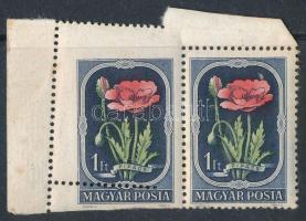 1951 Virág II. 1Ft ívszéli pár erősen elfogazva (rozsda) / Mi 1211 pair with shifted perforation (stain)