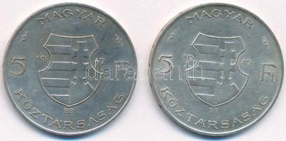 1947. 5Ft Ag "Kossuth" (2x) T:VF,F patina Adamo F8.1