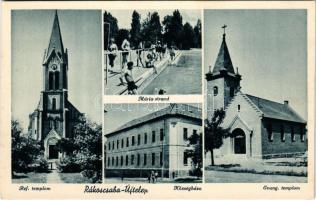 Budapest XVII. Rákoscsaba, Rákoscsaba-Újtelep; Református templom, Mária strand, fürdőzők, Evangélikus templom, Községháza. Sterner M. Ida kiadása