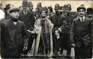 Emmeline Pankhurst (1858-1928) brit radikális politikus, női választójogi harcos, a brit szüfrazsett mozgalom vezetője. Pankhurst az első letartóztatása alkalmával 1908. február 13-án, amikor amikor megpróbált bejutni a Parlamentbe, hogy tiltakozó állásfoglalást nyújtson be a miniszterelnöknek / Emmeline Pankhurst (1858-1928), British political activist and feminist, who organised the British suffragette movement and helped women to win in 1918 the right to vote in Great Britain and Ireland. Pankhurst was arrested for the first time in February 1908, when she tried to enter Parliament to deliver a protest resolution to Prime Minister H. H. Asquith (b)