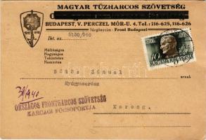 1940 Magyar Tűzharcos Szövetség levelezőlapja, hátoldalon az országos elnökség levele tagok kijelöléséről (EK)