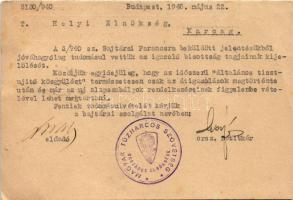 1940 Magyar Tűzharcos Szövetség levelezőlapja, hátoldalon az országos elnökség levele tagok kijelölé...