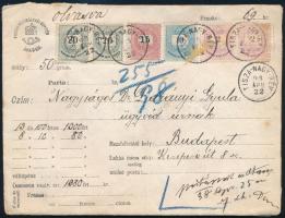 1898 Pénzeslevél 1.380Ft értékben 69kr 4 színű 6 db krajcáros bélyeggel bérmentesítve dr. Darányi Gyulának címezve, autográf levéllel. Rendkívül látványos darab! "TISZA-NAGY-RÉV" / Insured cover with 6 stamps