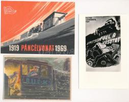 3 db modern magyar kommunista propaganda képeslap: Páncélvonat 1919-1969, Magyar Kommunista Párt "Építsük fel a vasutat", mozdonyvezetők BUÉK / 3 modern Hungarian communist propaganda postcards