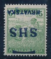 SHS 1918 Arató 5f bélyeg fordított felülnyomattal, Bodor vizsgálójellel. Certificate: Zrinjscak