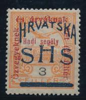 SHS 1918 Hadisegély II. 3f próbanyomat Bodor vizsgálójellel. Certificate: Zrinjscak