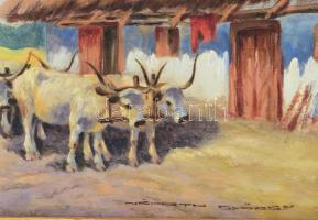 Németh György (1888-1962): Kocsi szürkemarhákkal. Olaj, falemez, jelzett. Dekoratív fakeretben. 25x3...