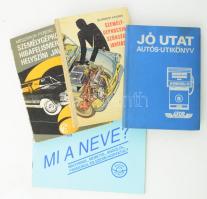 4 db klf retro autóskönyv: Surányi Endre: Személygépkocsik szükségjavítása. Bp., 1966, Táncsics. Kiadói kartonált papírkötésben. + Mészáros Ferenc: Személygépkocsik hibafelismerése és helyszíni javítása. Bp., 1983. Műszaki Könyvkiadó. Kiadói papírkötésben. + Jó utat Autós-utikönyv. Bp., 1971, ÁFOR Ásványolajforgalmi Vállalat kiadása. Kiadói egészvászon-kötésben. + Mi a neve? Többnyelvű alkatrész elnevezéseket tartalmazó füzet. Bp., é.n., Magyar Autóklub. Kiadói tűzött papírkötésben.