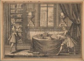 Andreas Nunzer (1696-1754): Rokokó jelenet, Rézmetszet, papír, jelzett a metszeten. 7x9 cm. Keretben