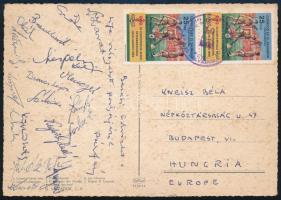1969 A magyar labdarúgó válogatott tagjai által aláírt képeslap a Braziliából: Menczel, Dimai, Sárközi, Zámbó, Szőke, Oláh, stb / Autograph signed postcard of the Hungarian football team from Brasil