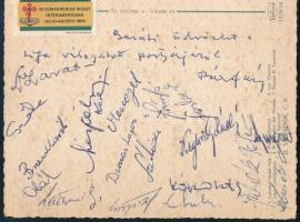 1969 A magyar labdarúgó válogatott tagjai által aláírt képeslap a Braziliából: Menczel, Dimai, Sárkö...